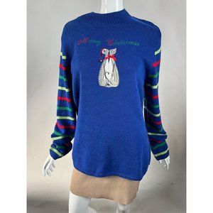 Merry & Bright Kissing Kittens Christmas Sweater  L Blue  55% Ramie, 44% Cotton